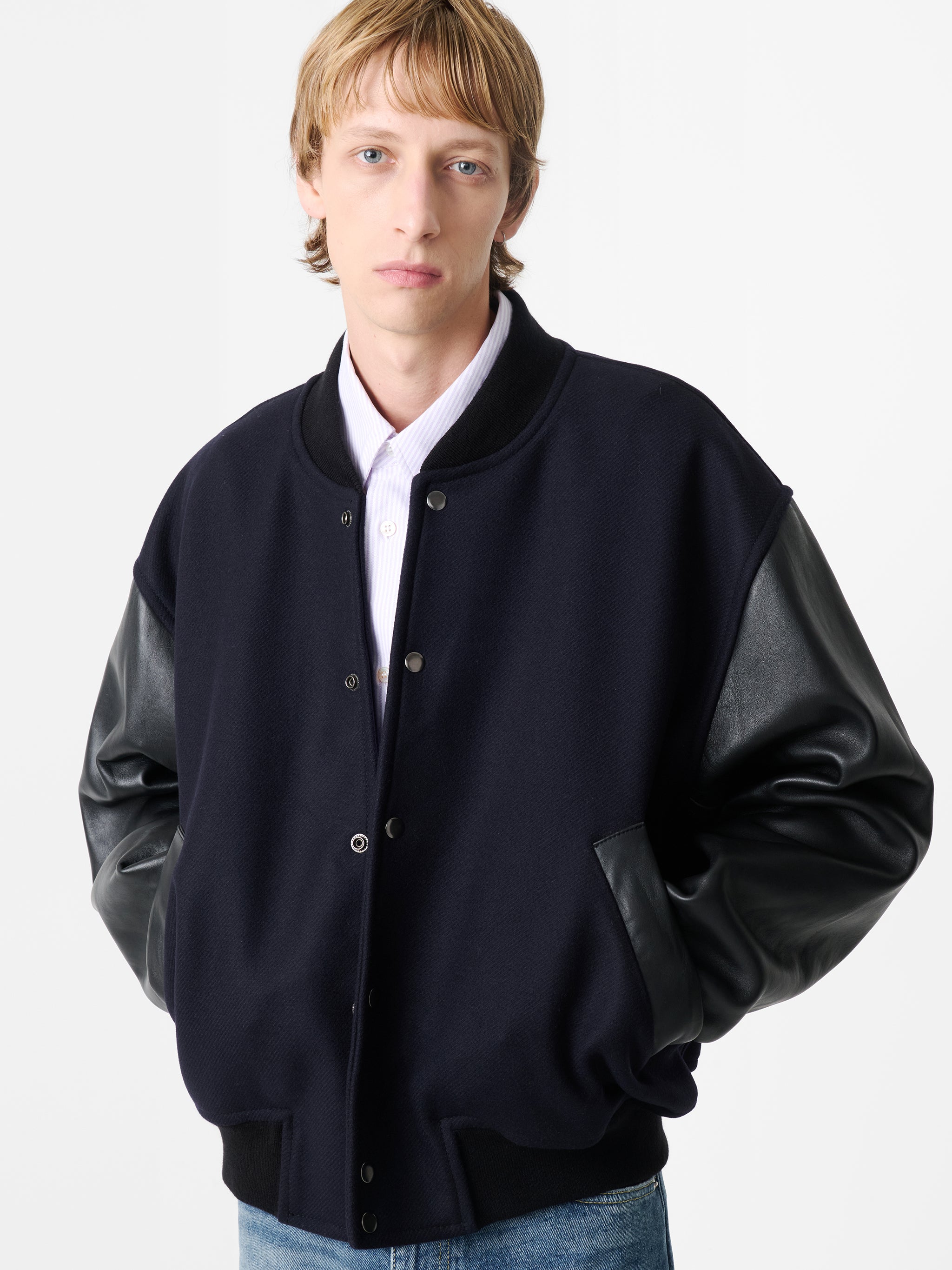 Alph Leather Bomber Jacket in Darkest Navy
